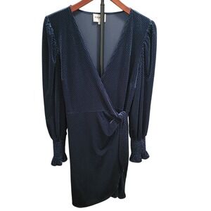 FRNCH‎ Paris Bakhta Dress Teal Velvet Wrap Geometric Texture Puff Sleeve M
